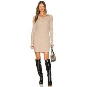 Lioness Dress Womens XS Beige Long Sleeve Polo Mini Sweater Plunge V Neck
